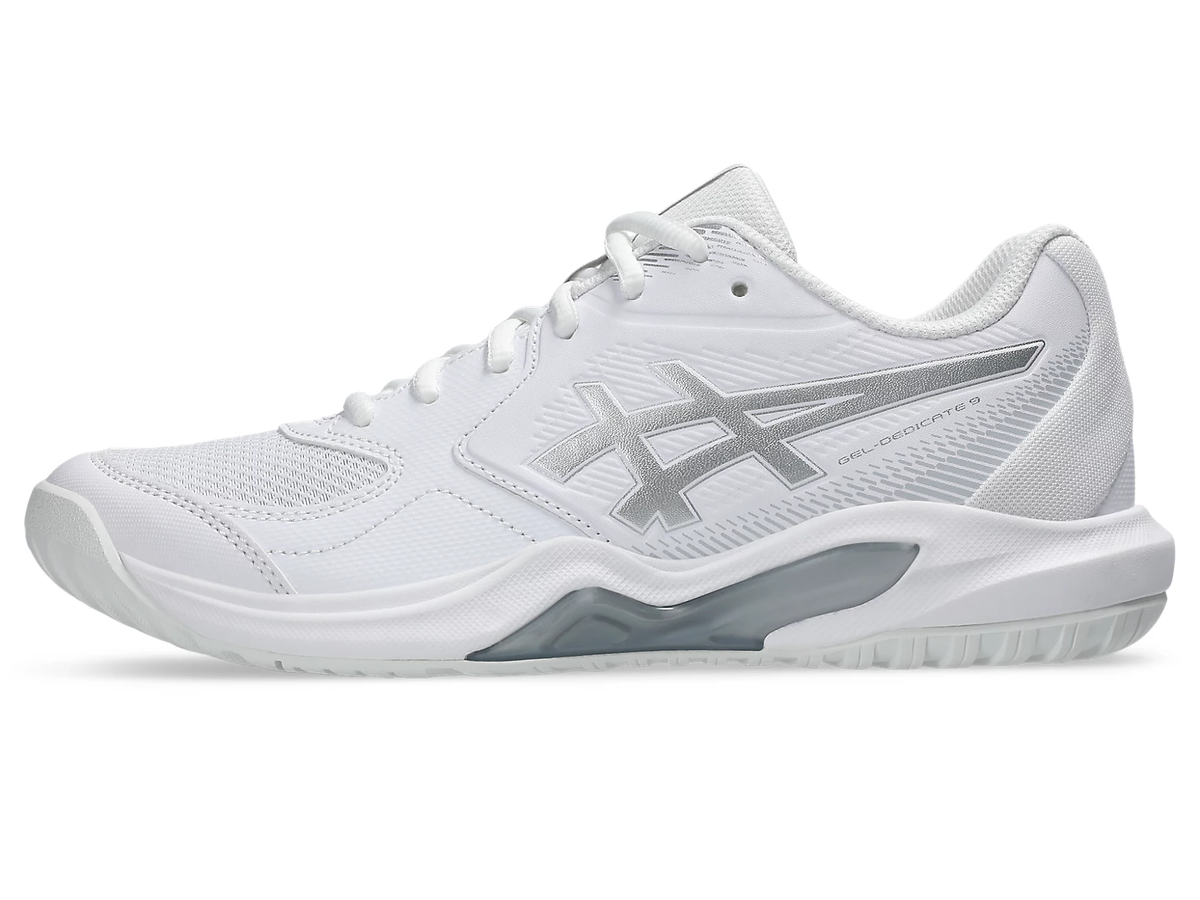 Asics Gel Dedicate 9 White Womens Tennis Shoe, outer side, left shoe