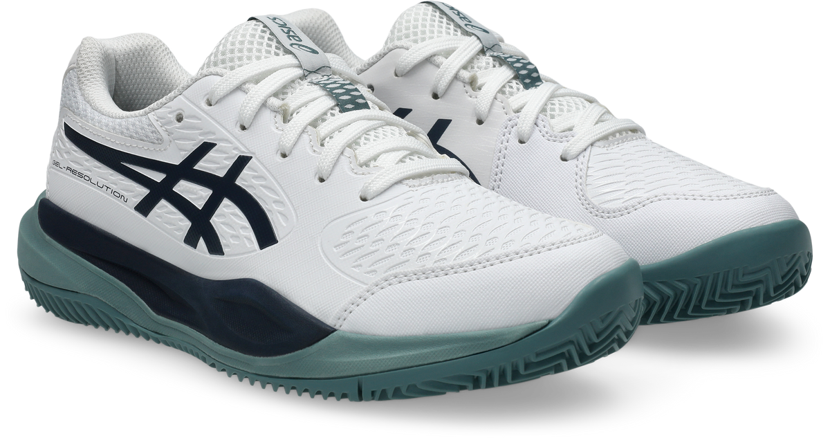 Asics Gel-Resolution X GS Clay Kids Tennis Shoe - White/Midnight, angled front view of both shoes