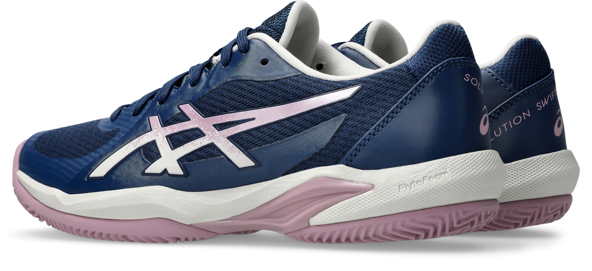 Asics Solution Swift FF 2 Clay Womens Tennis Shoe - Independence Blue/Taro Purple, angled view showing inner side and heel