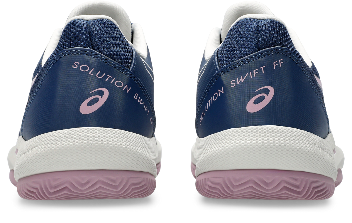 Asics Solution Swift FF 2 Clay Womens Tennis Shoe - Independence Blue/Taro Purple, rear view of both shoes showing heel counters