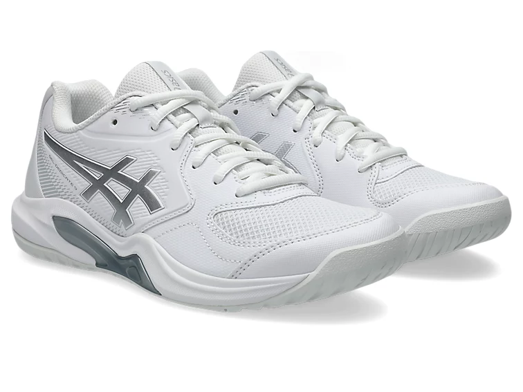 Asics Gel Dedicate 9 White Womens Tennis Shoe, angled front