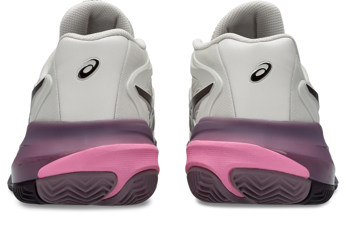 Asics Gel Resolution X Clay Soft Oat/Dark Aubergine Womens Tennis Shoe, rear view showing the heel counter
