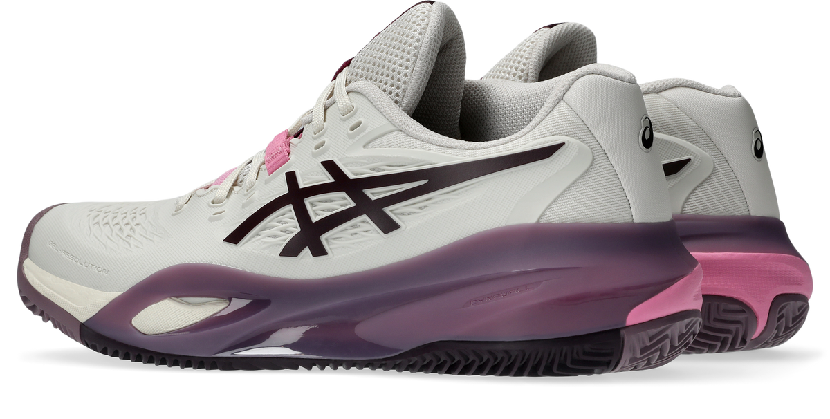 Asics Gel Resolution X Clay Soft Oat/Dark Aubergine Womens Tennis Shoe, angled view of both shoes
