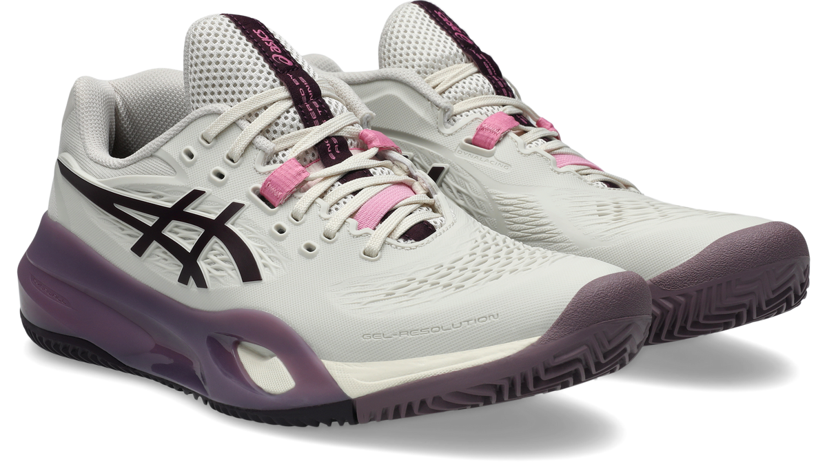 Asics Gel Resolution X Clay Soft Oat/Dark Aubergine Womens Tennis Shoe, angled view of both shoes
