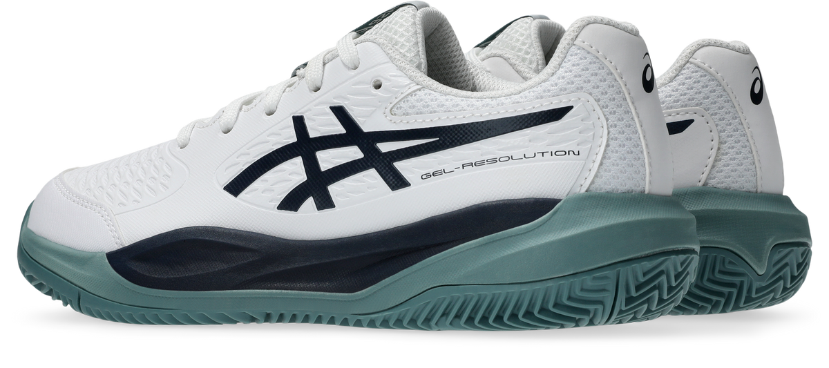 Asics Gel-Resolution X GS Clay Kids Tennis Shoe - White/Midnight, angled view showing inner side and heel