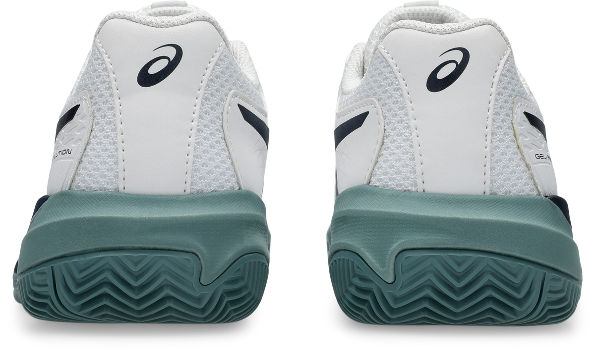 Asics Gel-Resolution X GS Clay Kids Tennis Shoe - White/Midnight, rear view of both shoes showing heel counters