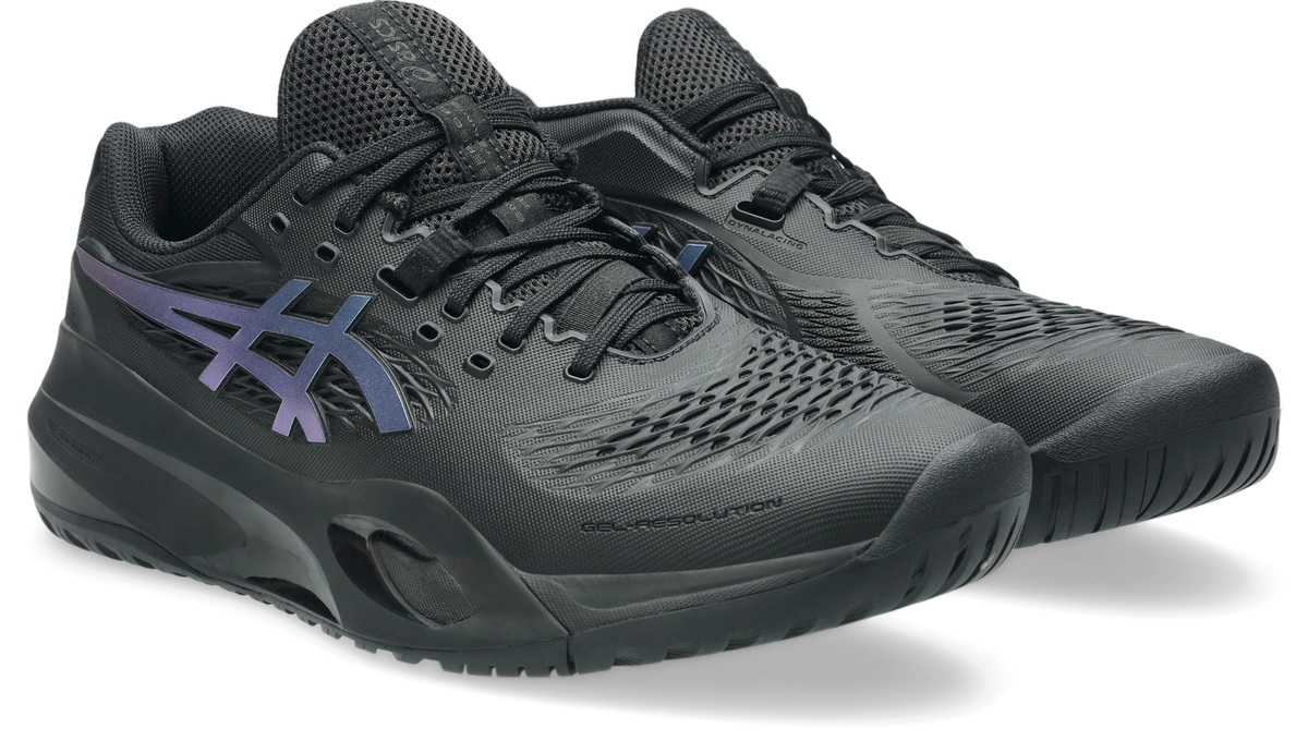 Asics Gel Resolution X Night Energy Mens Tennis Shoe, angled view of both shoes