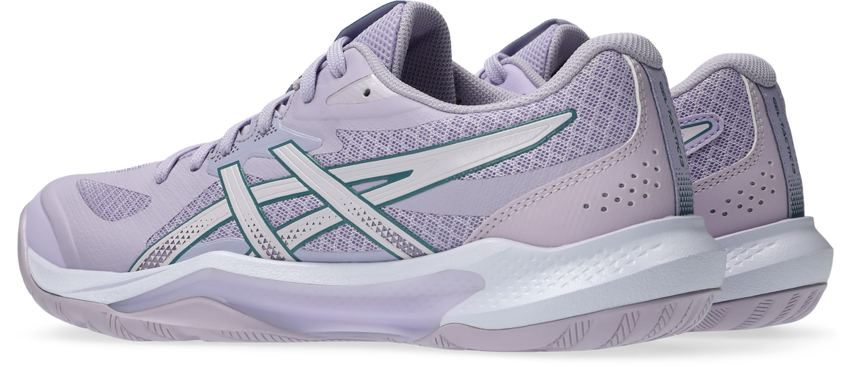 Asics Gel-Tactic 13 Womens Murasaki/Dahlia Squash Shoe, angled view showing inner side and heel