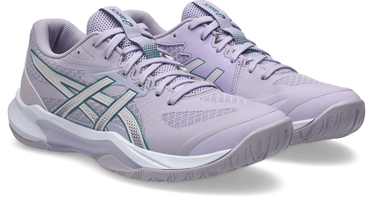 Asics Gel-Tactic 13 Womens Murasaki/Dahlia Squash Shoe, angled front view of both shoes