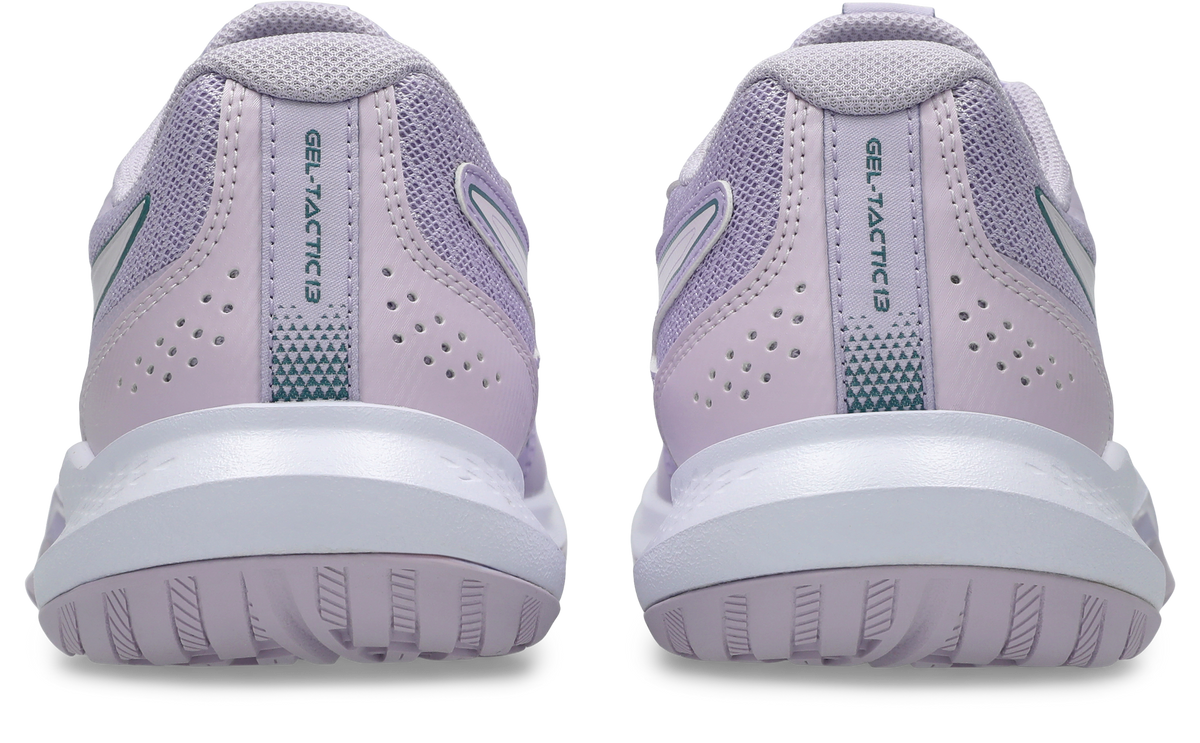 Asics Gel-Tactic 13 Womens Murasaki/Dahlia Squash Shoe, rear view of both shoes showing heel counters