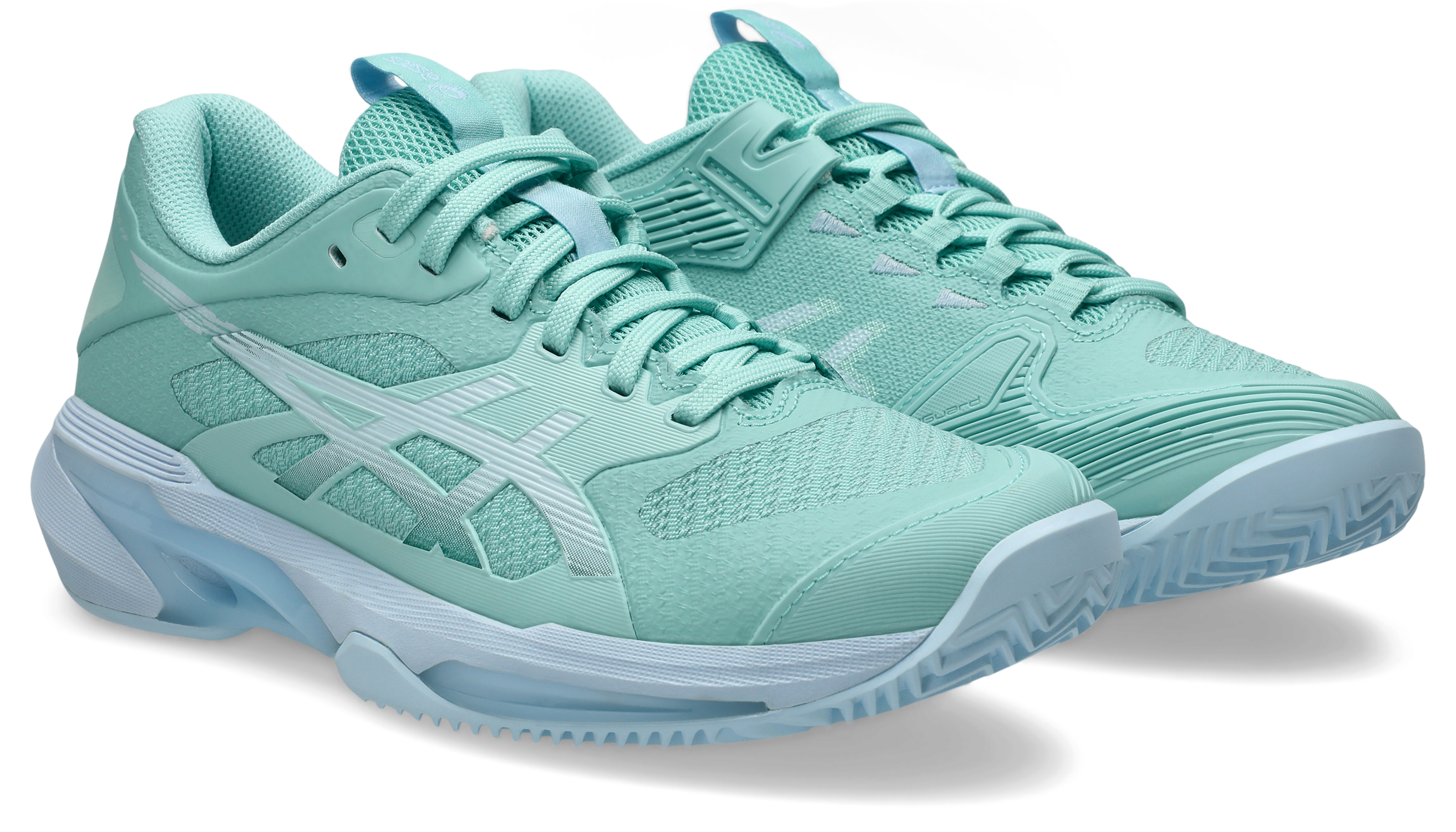 Asics Solution Speed FF 4 Clay Womens Oasis Green Tennis Shoe, angled front view of both shoes