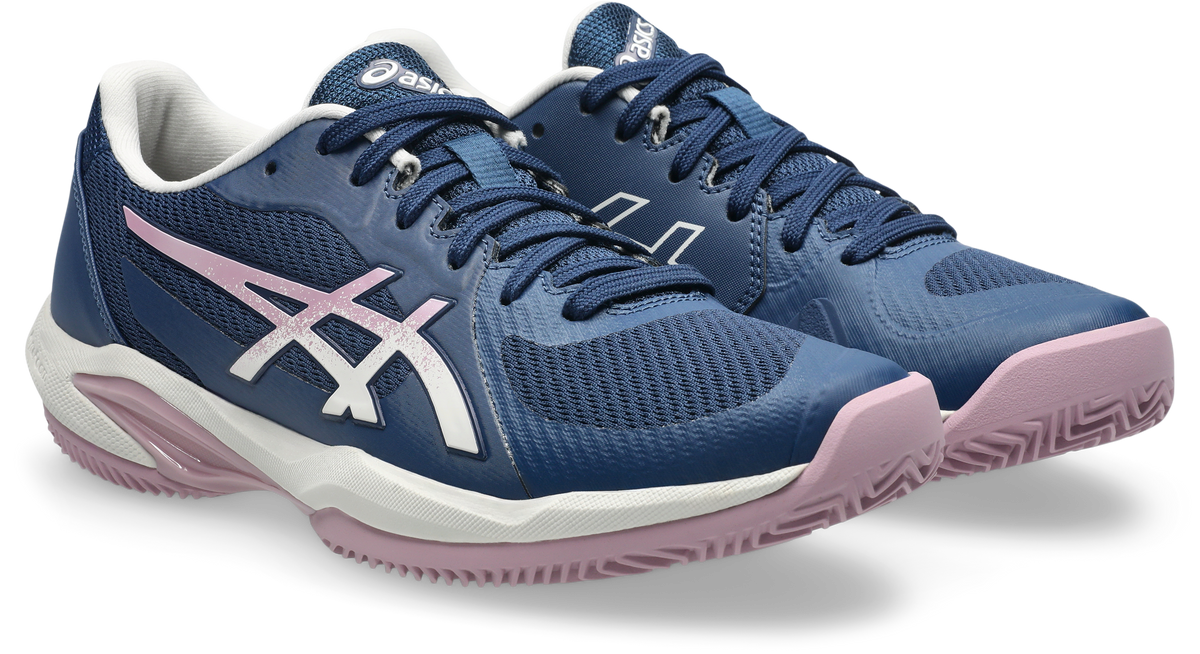 Asics Solution Swift FF 2 Clay Womens Tennis Shoe - Independence Blue/Taro Purple, angled front view of both shoes